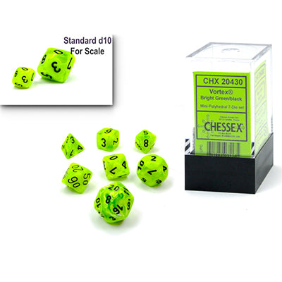 Chessex Mini-Polyhedral 7-Die Set: Vortex Bright Green w/ Black