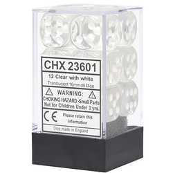 Chessex D6 12-Die Set: Translucent Clear w/White