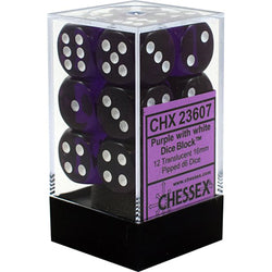 Chessex D6 12-Die Set: Translucent Purple w/White