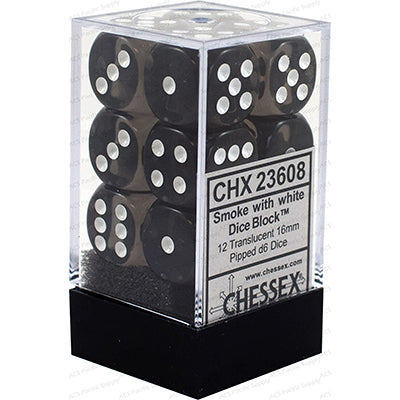 Chessex D6 12-Die Set: Translucent Smoke w/White