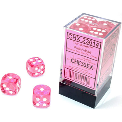 Chessex D6 12-Die Set: Translucent Pink w/White