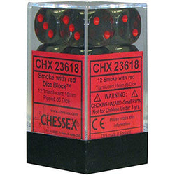 Chessex D6 12-Die Set: Translucent Smoke w/Red