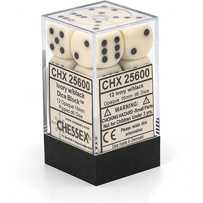 Chessex D6 12-Die Set: Opaque Ivory w/Black