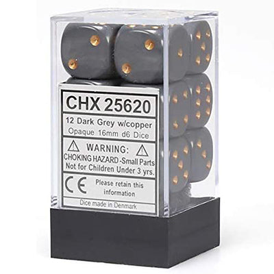 Chessex D6 12-Die Set: Opaque Dark Grey w/Copper