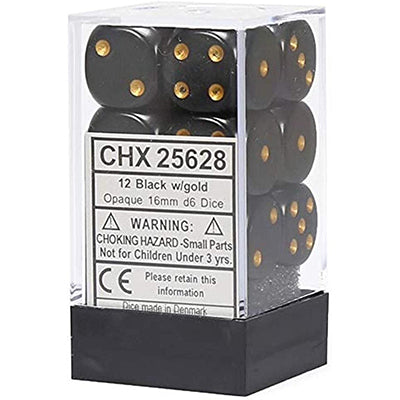 Chessex D6 12-Die Set: Opaque Black w/Gold