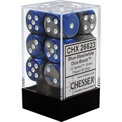 Chessex D6 12-Die Set: Gemini Blue and Steel w/White