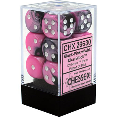 Chessex D6 12-Die Set: Gemini Black and Pink w/White