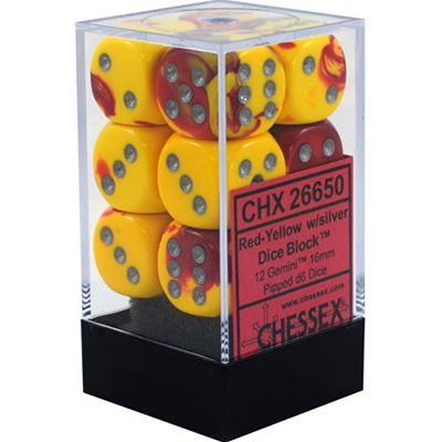 Chessex D6 12-Die Set: Gemini Red and Yellow w/Silver