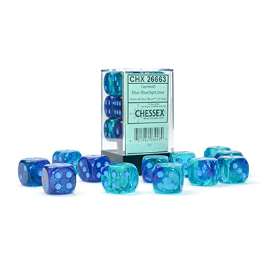 Chessex D6 12-Die Set: Gemini Luminary Blue and Blue w/Blue