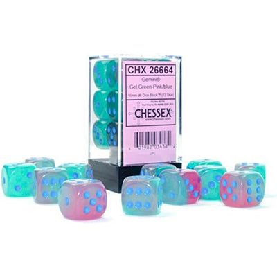 Chessex D6 12-Die Set: Gemini Luminary Gel Green and Pink w/Blue