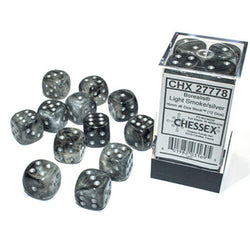 Chessex D6 12-Die Set: Borealis Luminary Light Smoke w/Silver