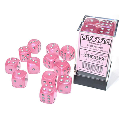 Chessex D6 12-Die Set: Borealis Pink w/Silver