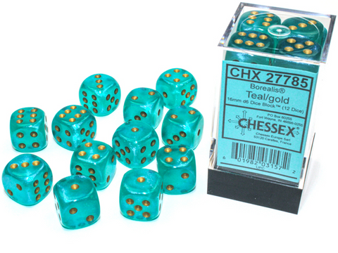 Chessex D6 12-Die Set: Borealis Luminary Teal w/Gold